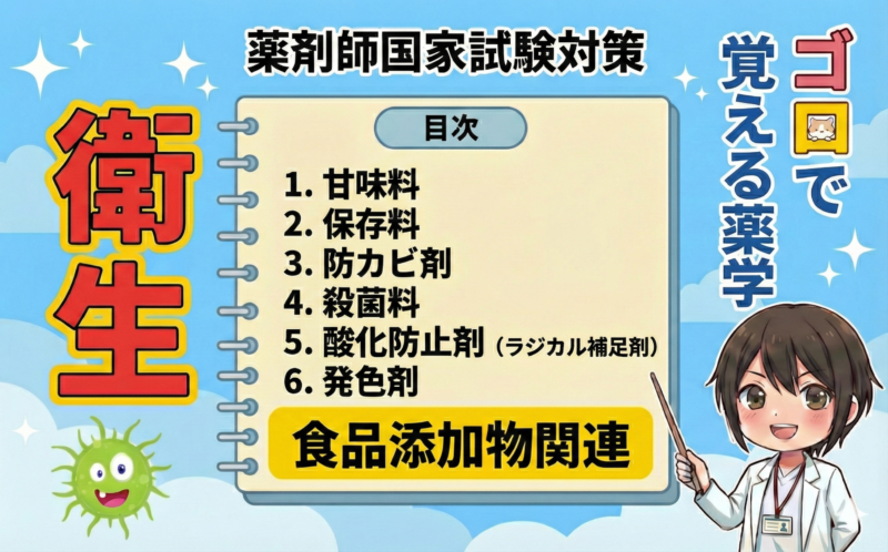 【薬剤師国家試験】食品添加物のゴロ合わせ完全版！甘味料・保存料・酸化防止剤をイラストで暗記【衛生】（ゴロで覚える薬学）