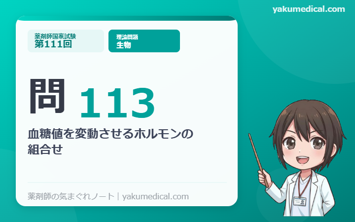 第111回薬剤師国家試験】問113 血糖値を変動させるホルモンの組合せ
