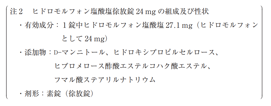 注2 ヒドロモルフォン塩酸塩徐放錠24 mgの組成及び性状
