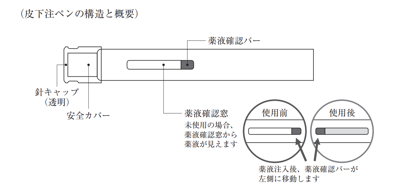 皮下注ペンの構造(針キャップ・安全カバー・薬液確認バー・薬液確認窓)