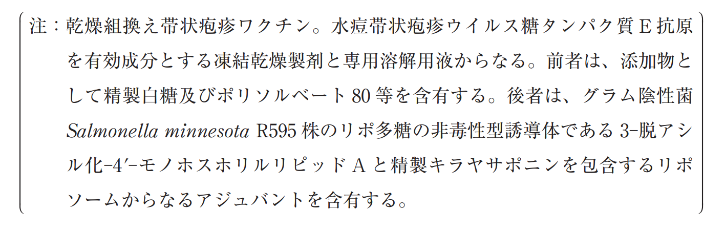 注 乾燥組換え帯状疱疹ワクチンの組成及びアジュバントの説明